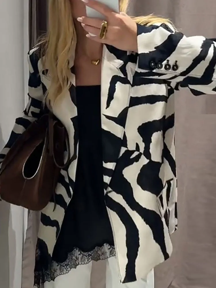 

2025 Autumn Winter Office Elegant Lapel Coat Zebra Printed Long Sleeved Blazer Jacket Fashion Temperament Button Loose Outerwear
