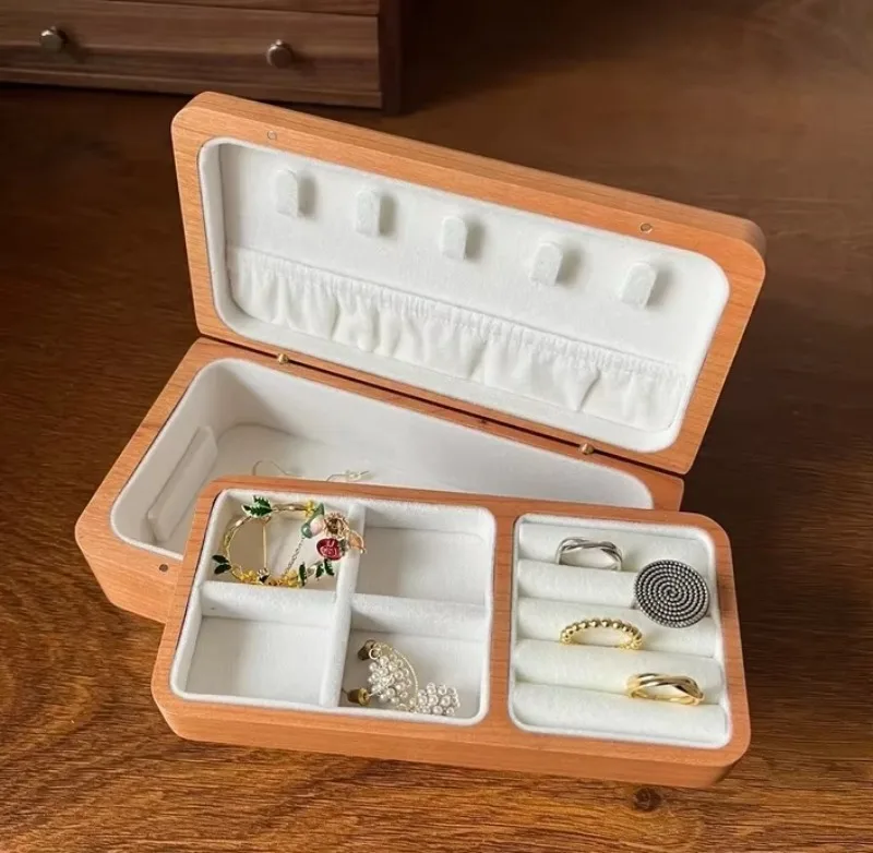 XMSJ Custom Wooden Double-layer Jewelry Box Unique Jewelry Box Solid Wood Case Earring Necklace Bracelet Organizer Small Storage