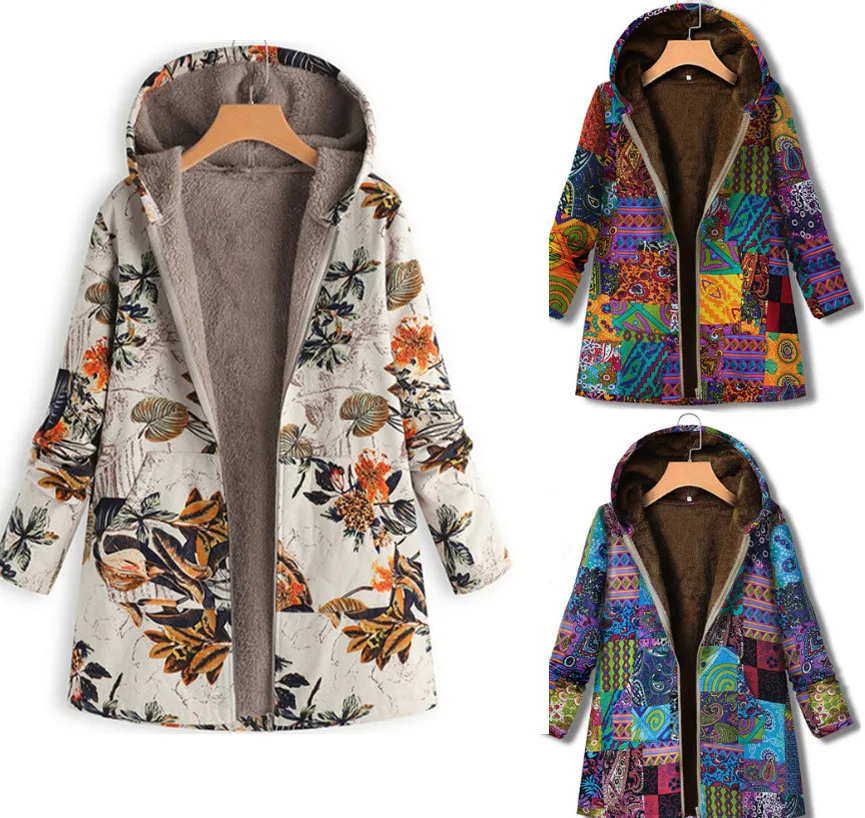 

Зимнее пальто больших размеров с цветочным принтом для женщин, 2025 г., теплая куртка-кардиган на молнии с капюшоном 5XL 4XL 3XL 2XL, большие бархатные парки