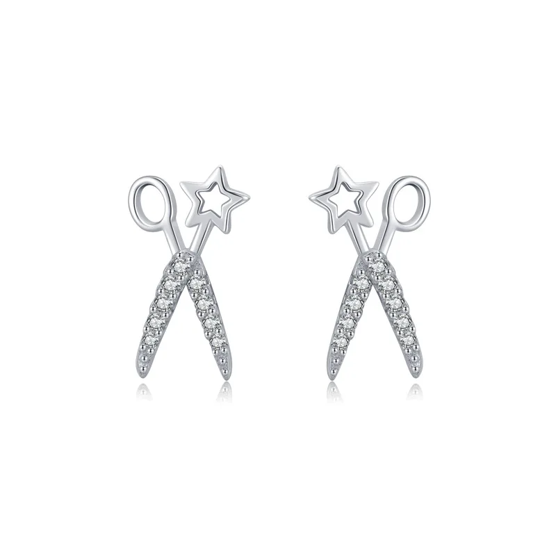 New European Scissors AAA CZ S925 Sterling Silver Stud Earrings For Women Birthday Party Wedding Gift Jewelry