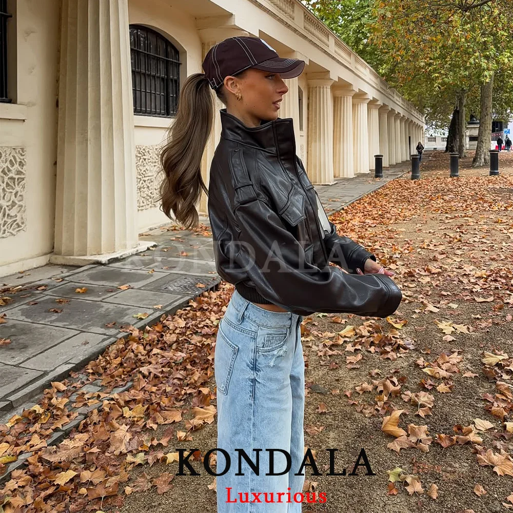 Kondala casual chique jaquetas bomber de couro preto feminino manga longa bolsos zíper botões casaco moda 2025 outono inverno jaqueta
