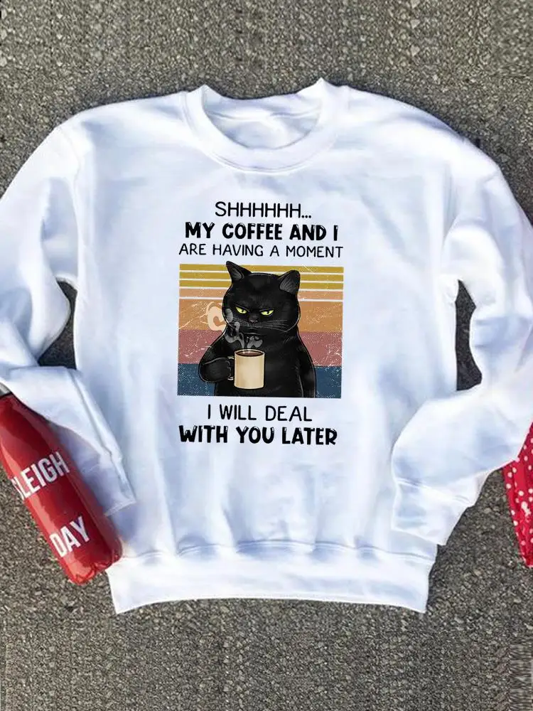 Cat Book Coffee Lovely Style Graphic Sweatshirts O-neck Fashion Casual Clothing Autumn Spring Fashion Women Print Pullovers