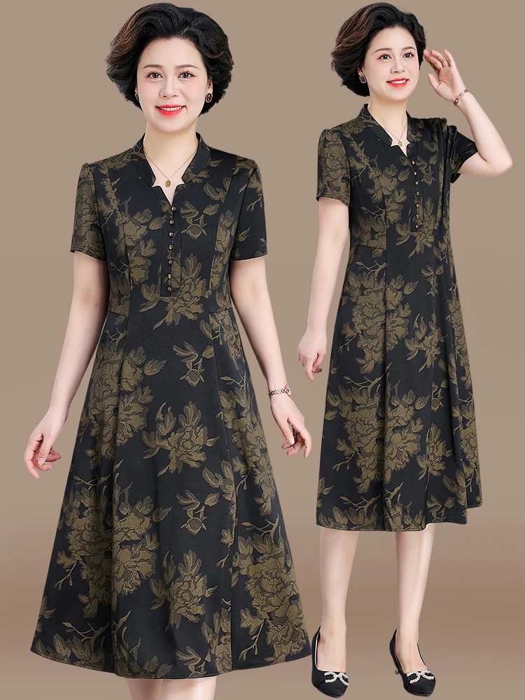 

Летнее модное платье-ципао миди Ele Mommy для женщин среднего возраста: комфортное, свободного кроя, с V-образным вырезом, из смесового полиэстера