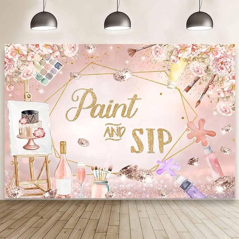 Photography Backdrop Rose Gold Paint And Sip Party Decoration Background Pink Floral Painting Party For Adults Champagne