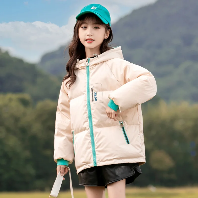 2024 Winter School Girl Duck Down Jacket Children Girl Contrast Hooded Thicken Warm Cotton Jacket Junior Girl Casual Parkas