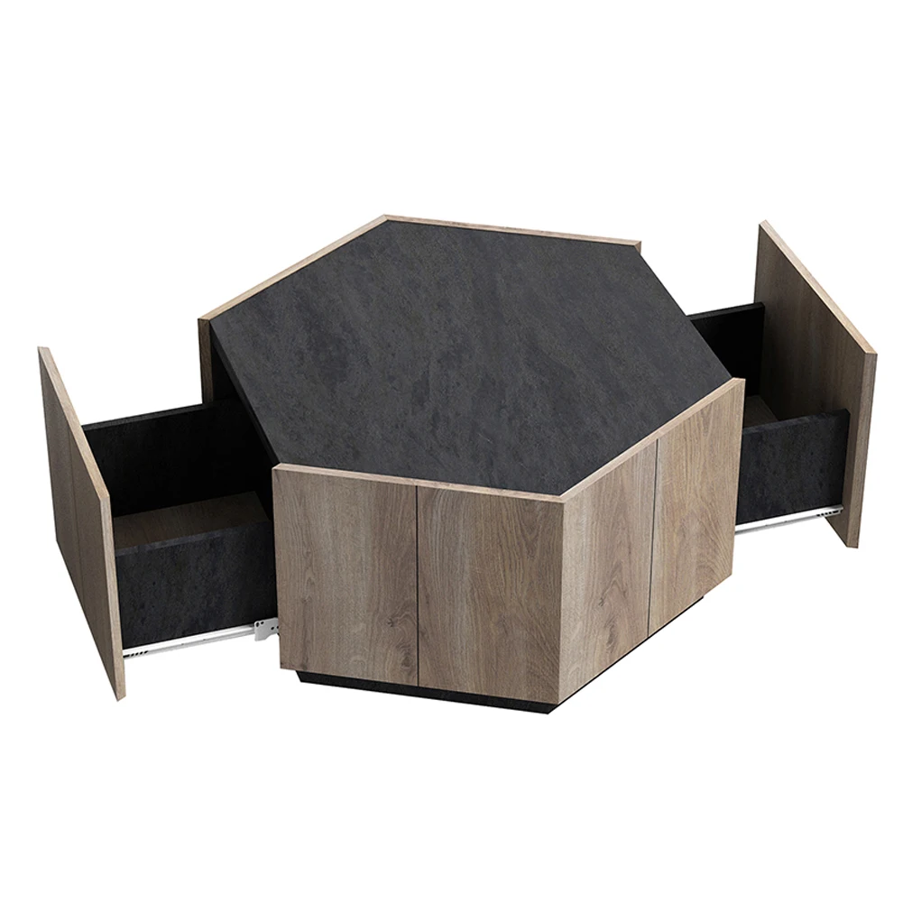 Coffee Table Hexagonal Wood Rural Style Table with 2 Storage Drawers Center Table For Living Room Bedroom Furniture