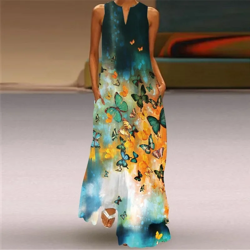 

New high-end Chinese ink painting rendering butterfly print V-neck wide swing dress