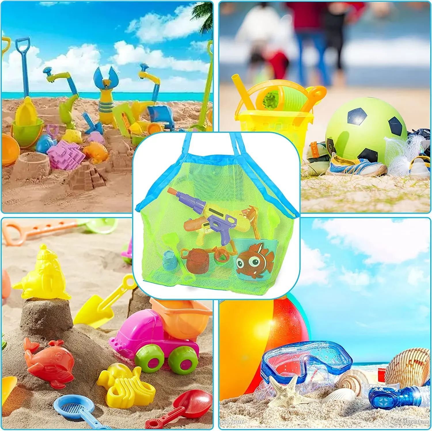 Borsa da spiaggia per bambini all\'aperto in rete Sabbia pieghevole portatile per bambini Borse per vestiti da spiaggia Borsa per articoli vari per