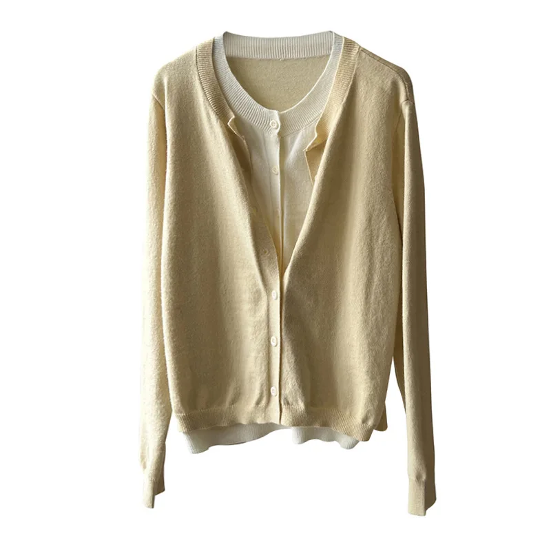 เสื้อแจ๊กเก็ตสตรีสีบล็อกคอกลมปลอมสองชิ้นถักเสื้อสเวตเตอร์ถักผู้หญิงฤดูใบไม้ผลิ slimming เสื้อกันหนาวบาง