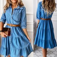 Denim Dress Three Quarter Sleeve with Belt Turn-down Collar Spring Autumn Buttons Ruffle Jeans Dresses for women 2023