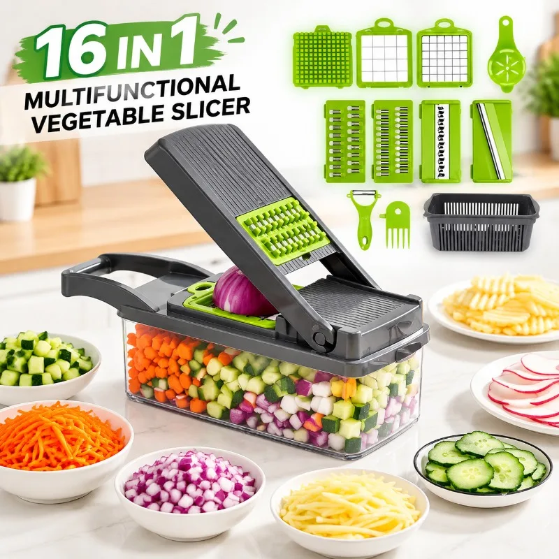 Vegetable Slicer 16 in 1 Multifunctional Cutter Grater Shredder Chopper with Basket for Fruit Potato Carrot Onion Kitchen Use