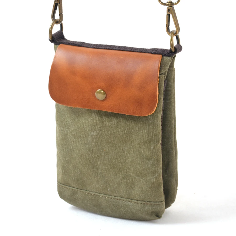 Casual Men Mini Crossbody Bag Washed Canvas Cowhide Flap Multi Pocket Small Phone Shoulder Bag Outdoor Daily