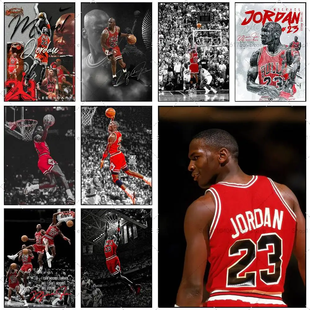 Póster de Baseket Ball Star M-Michael J-Jordan, arte autoadhesivo, pegatina de papel impermeable, decoración de pared para cafetería, Bar y habitación