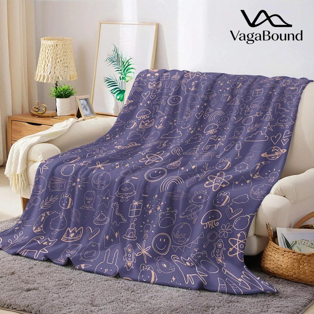 Purple Pink Doodle Icons Cozy Flannel Fleece Blanket Lightweight Plush Throw Blanket for Sofa Bed Travel Camping Warm Blanket