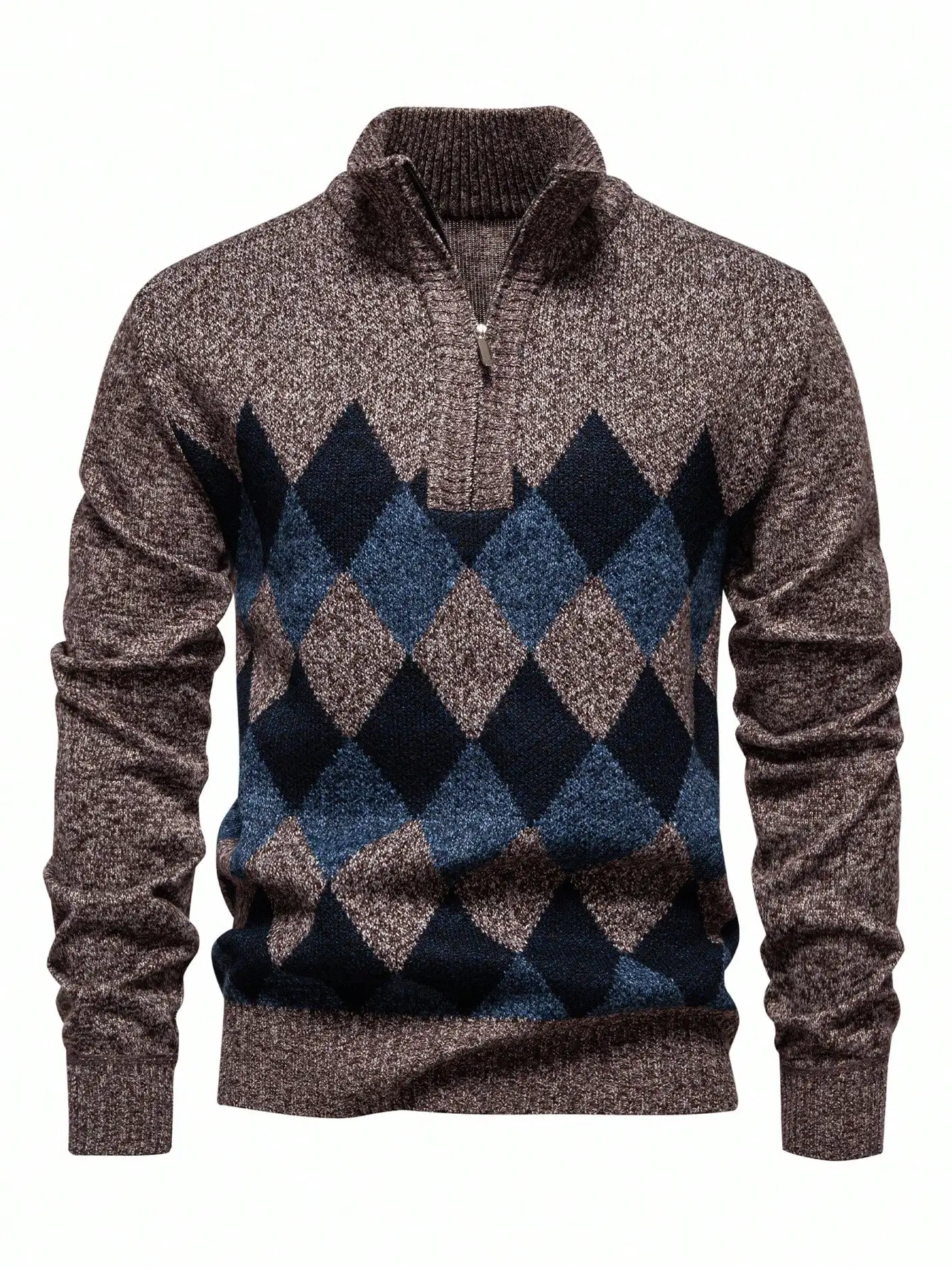 Men's Quarter Zip Sweater with Rhombus Pattern, Casual Long Sleeve Knit for Autumn Winter