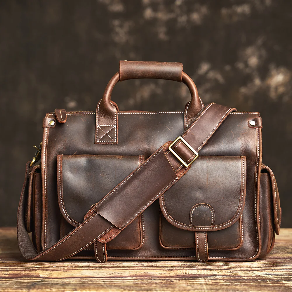 Nupugoo Vintage Echt leder Herren Aktentasche Umhängetasche verrückte Pferd Leder Handtasche mit 16-Zoll-Laptop – Detail 6