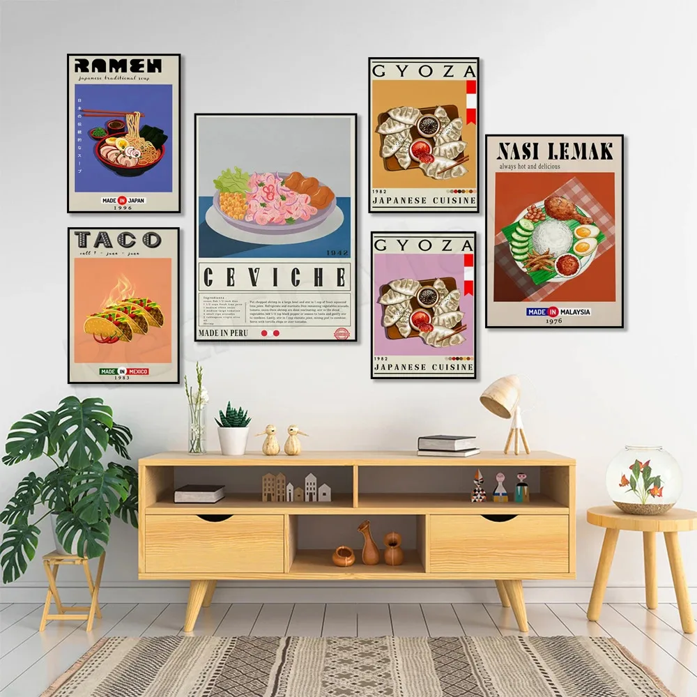 Malaysian nasi lemak, peruvian ceviche, french ratatouille, japanese dumpling ramen, italian pizza, mexican taco food poster