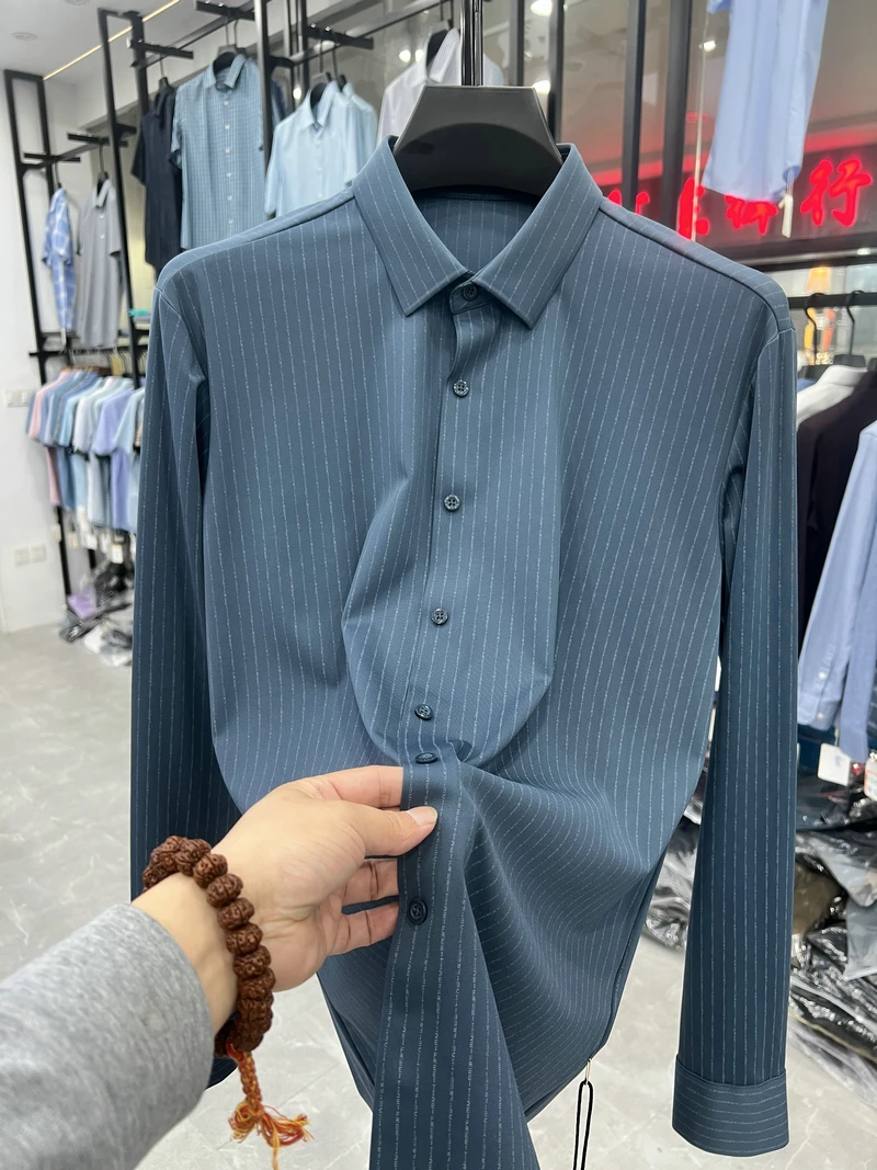 

Silky Smooth Nylon Long Sve irt Busin Casual Striped Men's Spring Top No Tagging Comfortable Stand Fit Faion Urban