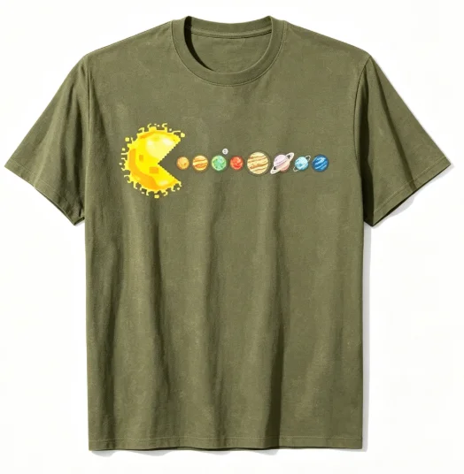Sun Pacman Eating Planets Grafik-T-Shirt mit Sonnensystem-Weltraum-Print, Kurzarm, Lässige Streetwear-Oberteile – Detail 3