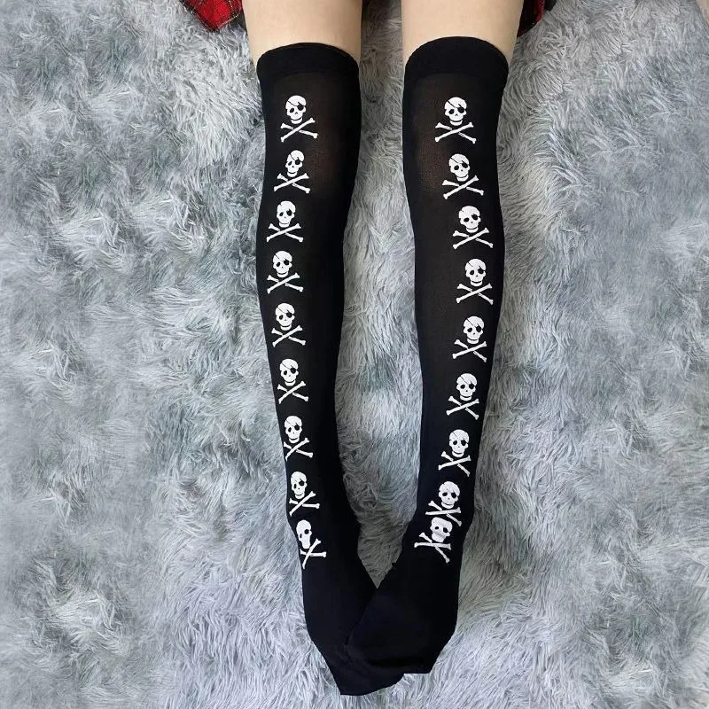 Gothic Cosplay Skull Print Fashionable Street Wear Y2K Style Retro Harajuku White Punk Knee High Socks Retro 2000s Emo Girl view 3