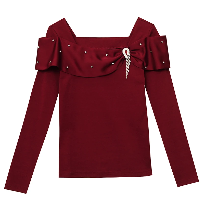 Damska bluzka Bla Long Sve, bazowa, na wiosnę i jesień, nowa, seksowna, z kwadratowym dekoltem, zdobiona cyrkoniami, dopasowana, modna bluzka typu bloomers.