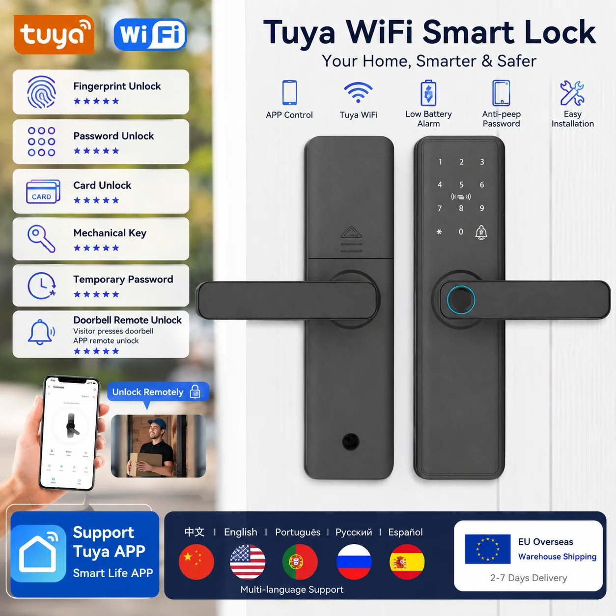 Image of EU-Lager Tuya Smart Fingerabdruck-Türschloss mit APP-Fernentriegelung, Passwort, IC-Karte, Schlüssel und Temporärer Code für Airbnb, Zuhause und Büro - Schnelle Lieferung
