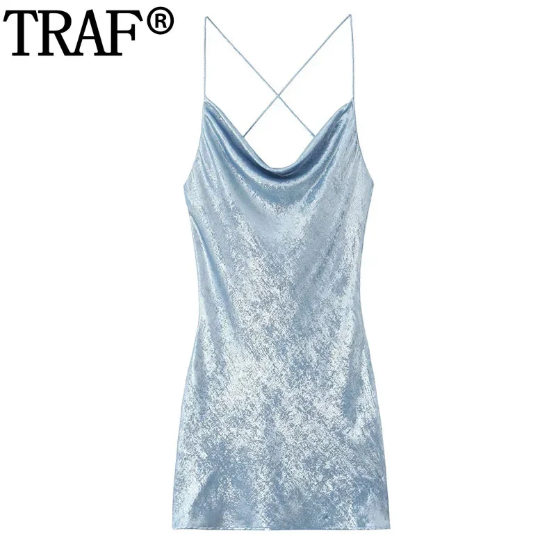 TRAF Sleeveless Slip Mini Dress Woman Foil Short Dresses For Women Summer Backless Beach Dress Metallic Sexy Evening Party Dress