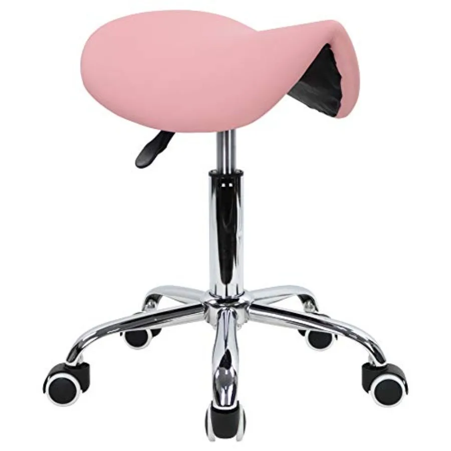 

Rolling Saddle Stool PU Leather Swivel Adjustable Rolling Stool with Wheels Salon Chair Pink