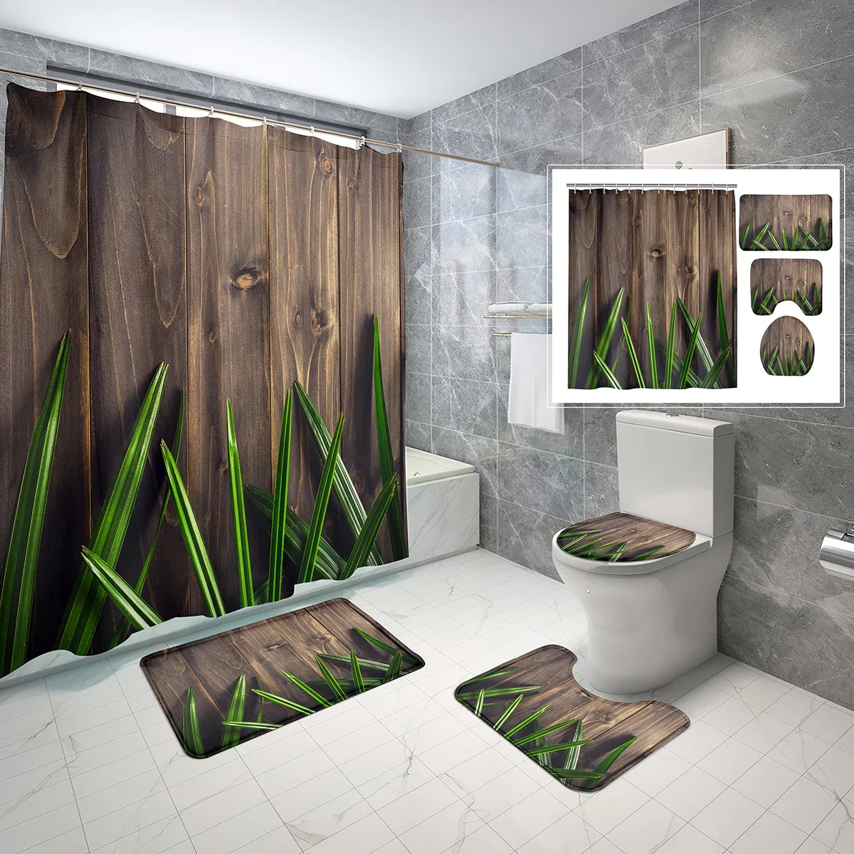 Retro Classic Shower Curtain Set Farmhouse Logs with Green Leaves 4 Pcs Shower Curtain Bathroom Non-Slip Bath Mat Toilet Cover