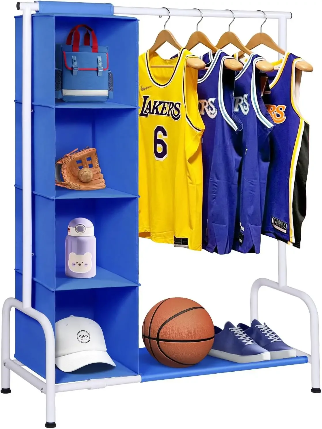 

Kids Dress Up Rack with Hanging Organizer, Child Clothes Storage for Dance Costumes and Baby Garments, Blue/White