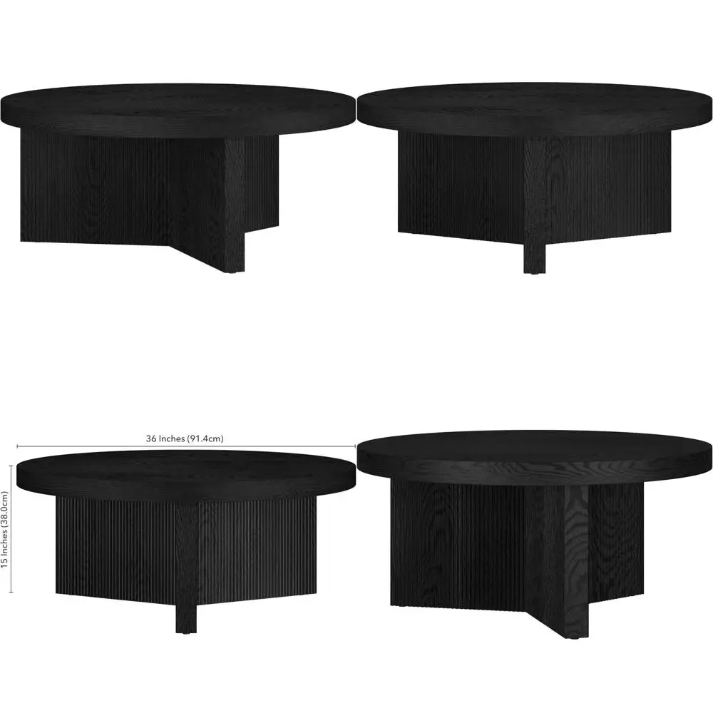 

Низкопрофильный круглый деревянный журнальный столик с рифленой 36 от Henn&Hart для гостиной, семейной комнаты или офиса, отделка черным зерном