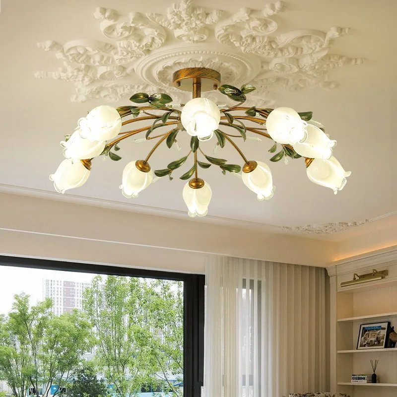 Antique Gold bronze glass flower Ceiling chandelier Lamps household Creative Villa Dining Room showcase kitchen surface Lighting