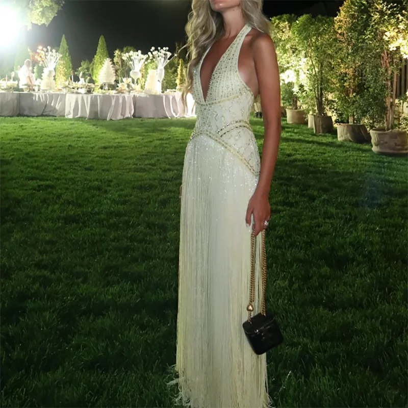 

Элегантное вечернее платье без рукавов с открытой спиной, сексуальное, с завышенной талией, для выпускного бала, роскошное, с V-образным вырезом, стразами, облегающее, с бахромой