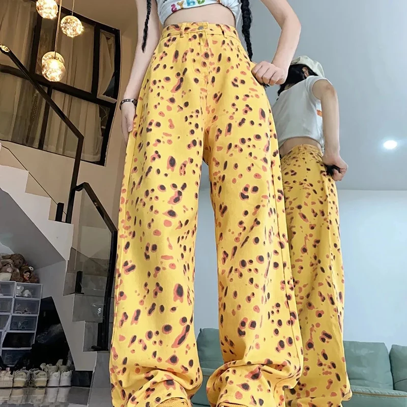 Y2K Vintage Leopard Jeans Women High Waist Loose Casual Streetwear Wide Leg Denim Pants High Street Hottie Straight Trouser New