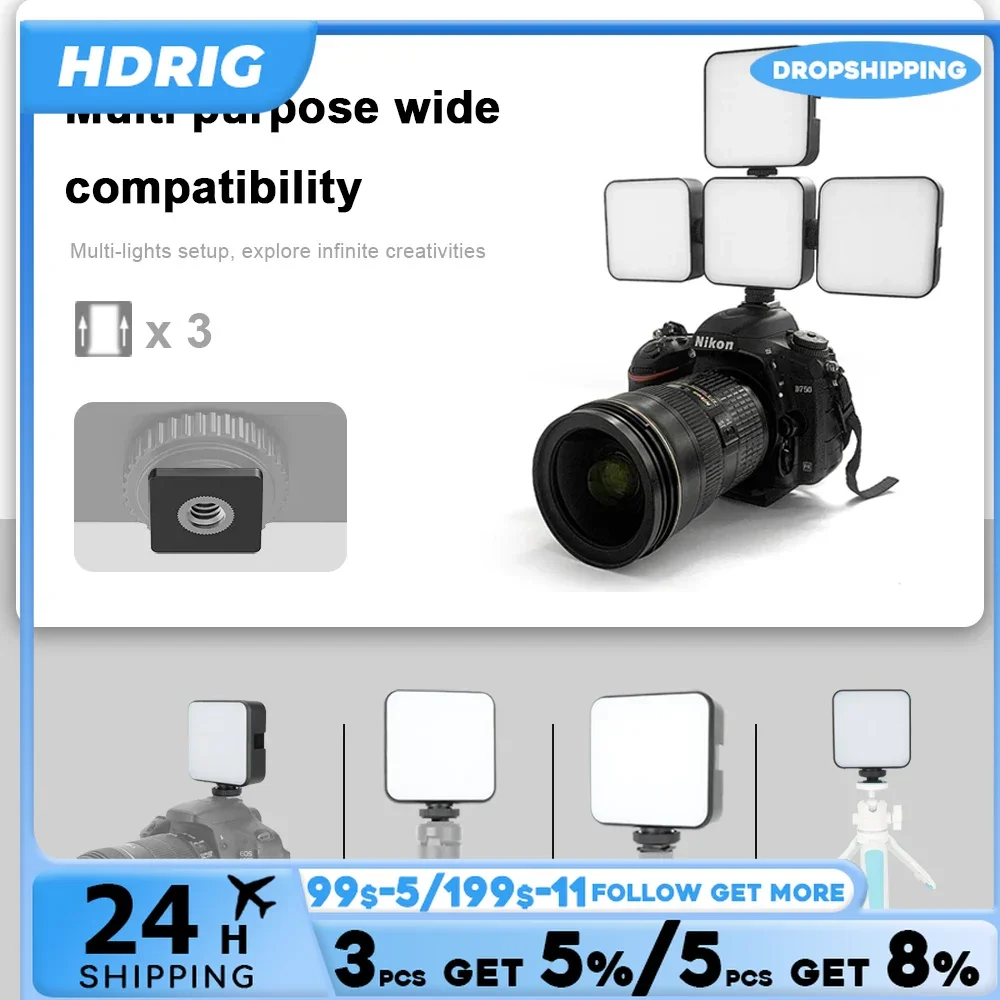 HDRIG LED Video Light Portable Photography 2500K-9000K Bi-Color Light 600LUX Mini Fill 3 Cold Shoe 2000mAh Type-C Camera Light