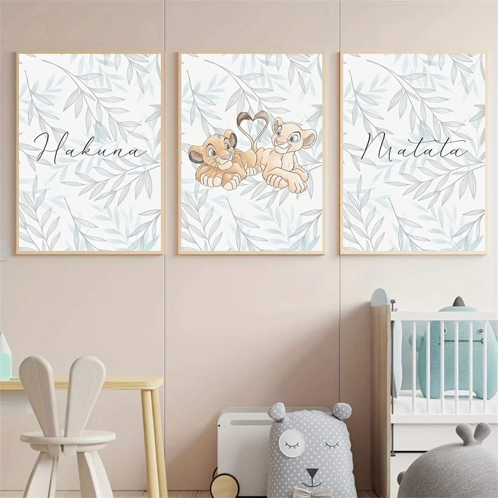 3 قطع من ملصقات فنية جدارية من Disney The Lion King - ملصقات قماشية غير مؤطرة مع Simba & Nala Love، اقتباسات Hakuna Matata، سيارة ألوان مائية