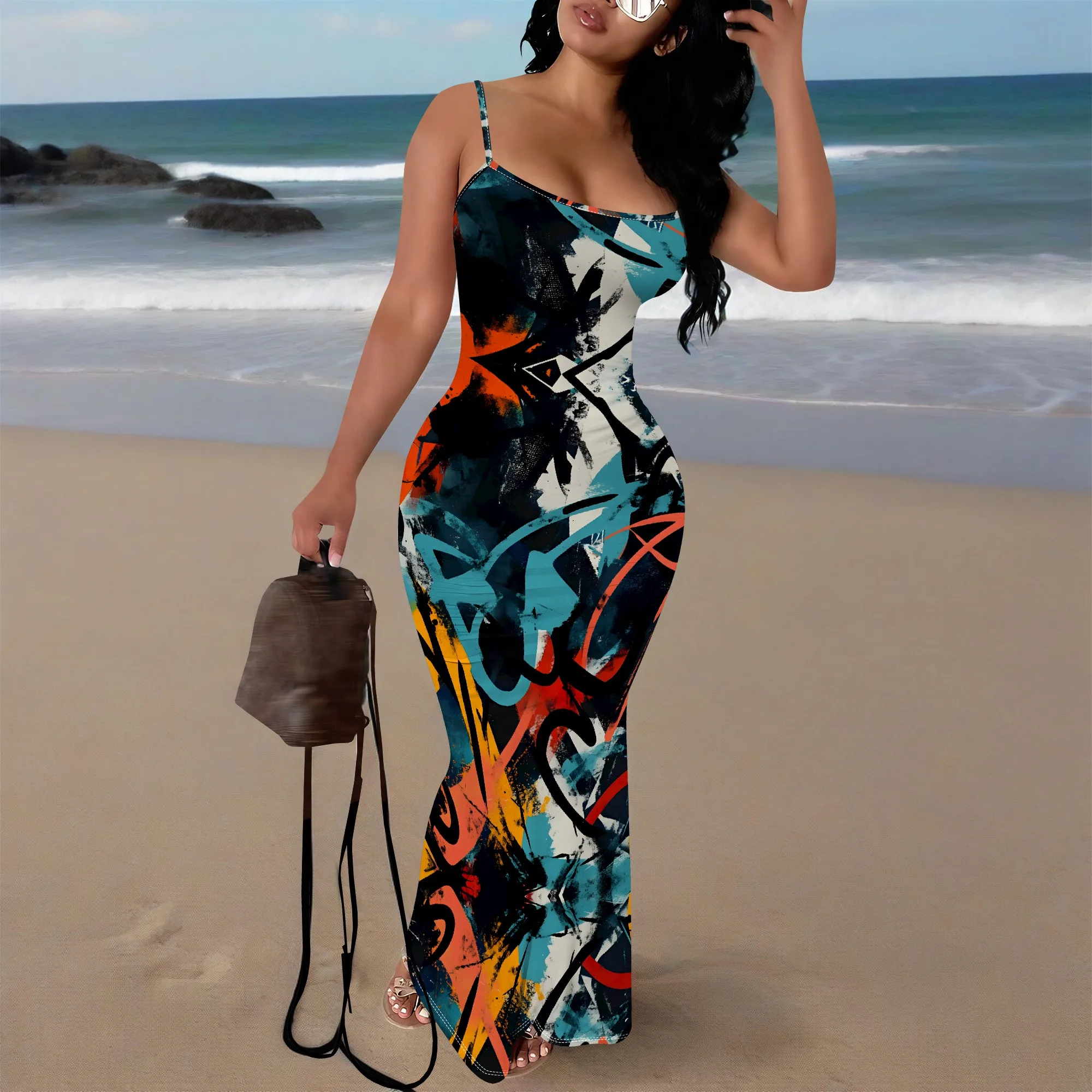 

Women's Bodycon Maxi Dress, Abstract Print Spaghetti Strap Long Dress for Party & Club Wear XS-3XL