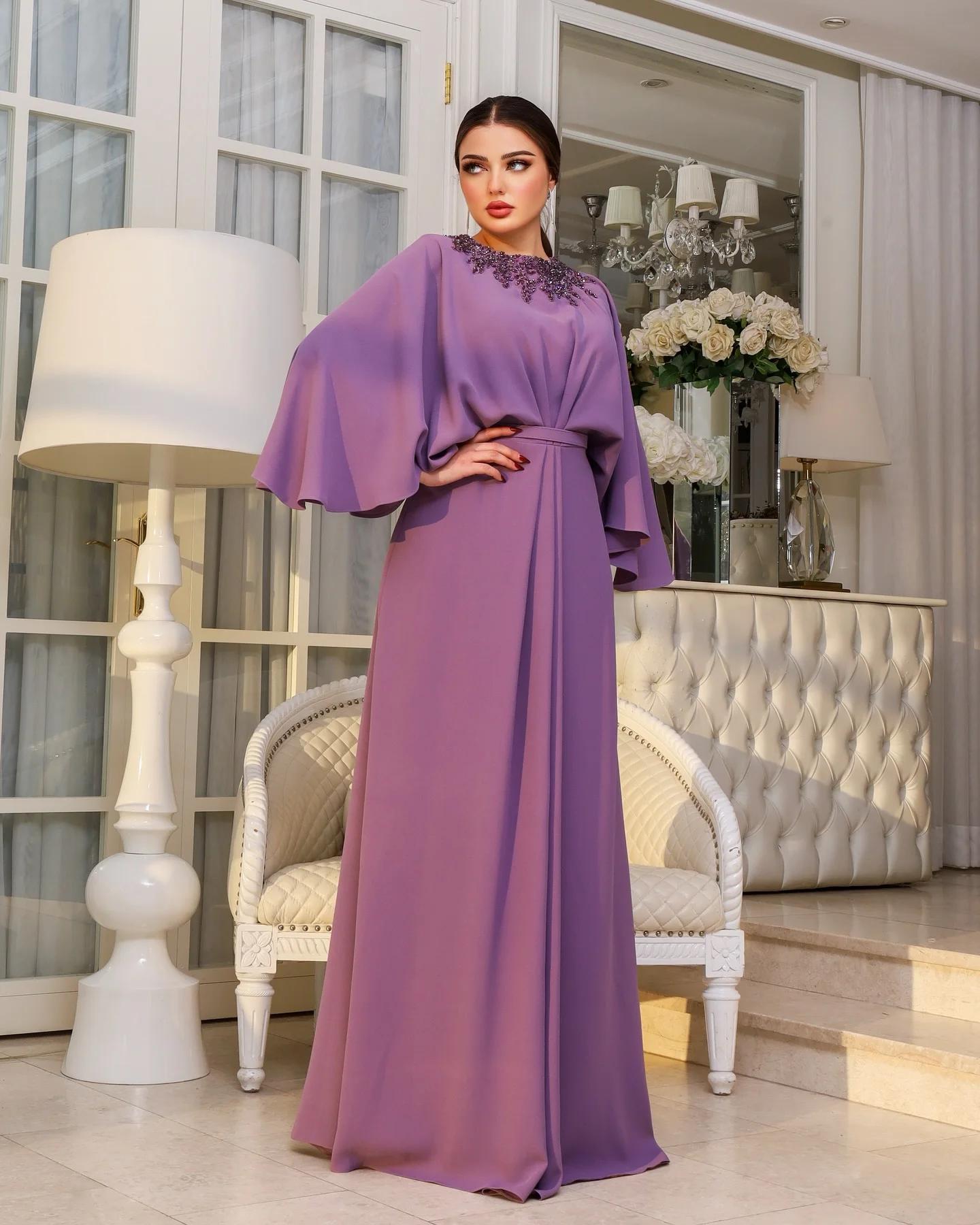 

Customized Modern Jersey Crystal Evening Dresses Formal Long Sleeves Crew neck Celebrity Gowns Custom Size Cocktail Dr