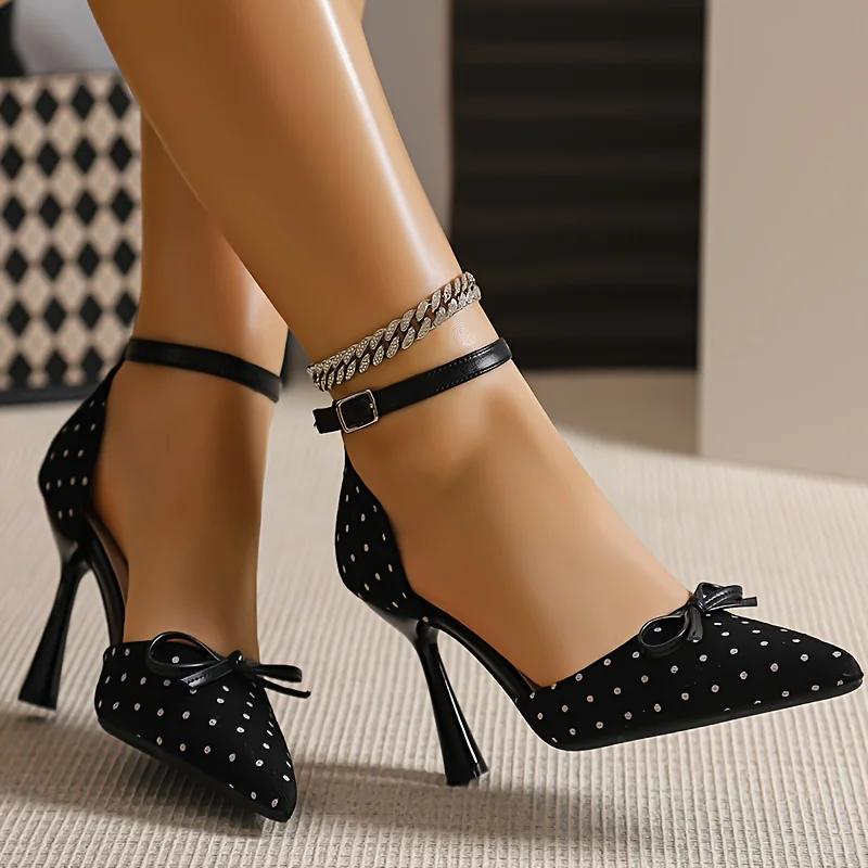 

Polka Dot Rich Lady Style Wide-Toe Wide-Cut Women's Shoes, Elegant High Heels, Ankle Strap Sandals, Fairy French-Style For Dress