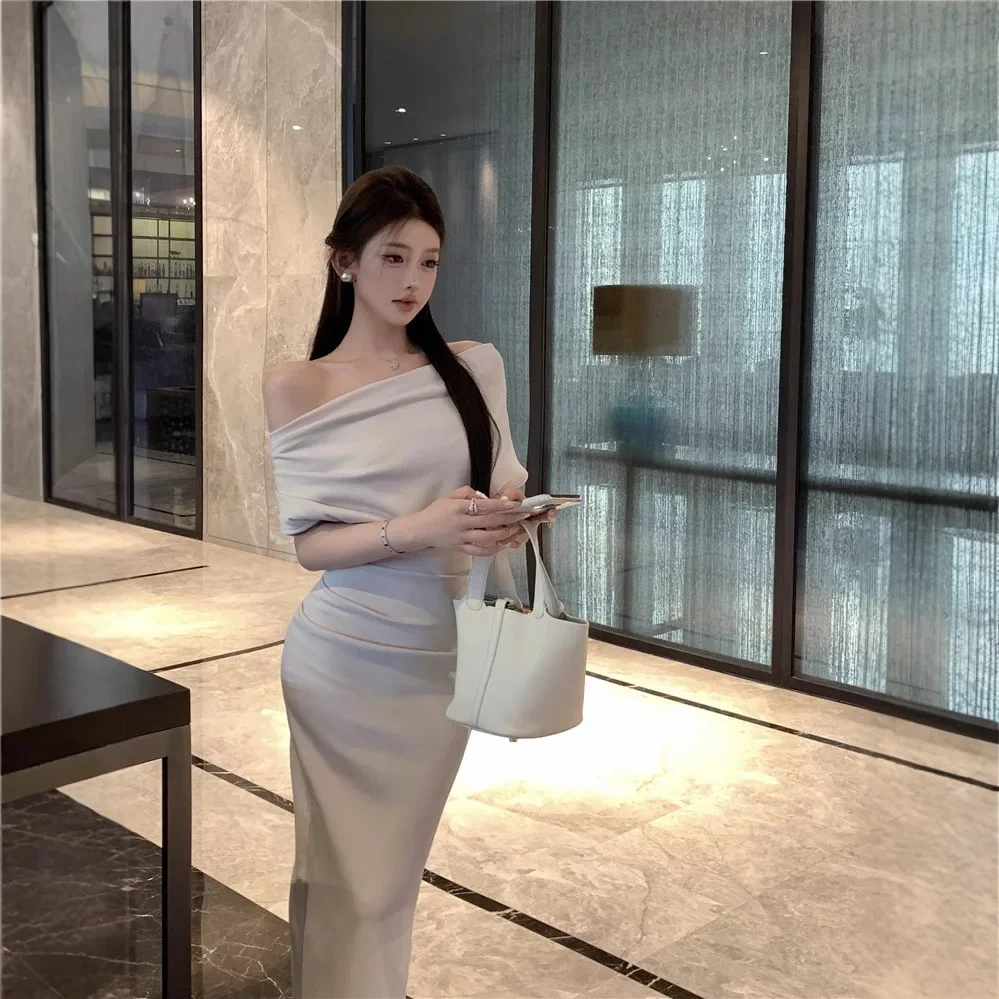 Estilo francês assimétrico ombro envoltório vestido feminino verão elegante saia longa manga curta império cintura joelho comprimento vestido