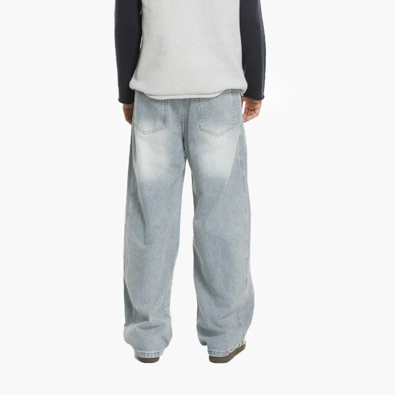 اتجاه الموضة الأمريكية الرجعية للخريف للرجال، القيام القديم، تصميم ثقب، سكين منحني، أرجل واسعة، طحن، جينز فضفاض غير رسمي #4