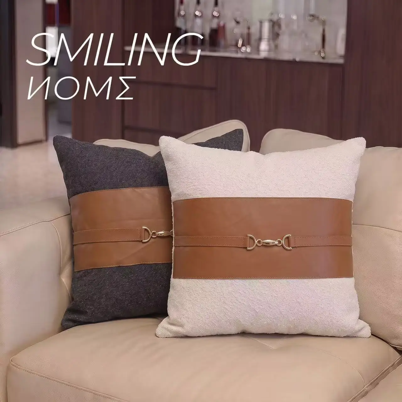Modern Luxury Brown Throw Pillow Cover Metal Buckle Pu Leather Cushion Cover Patchwork Pillowcase
