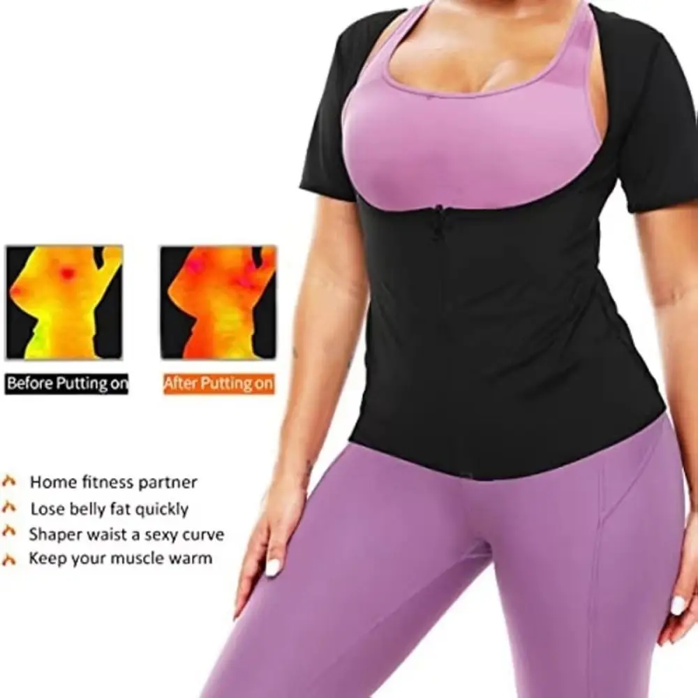 Ternos de sauna femininos com captura de calor, manga curta, design com zíper, roupa modeladora de compressão, push up, camisas de suor para sauna