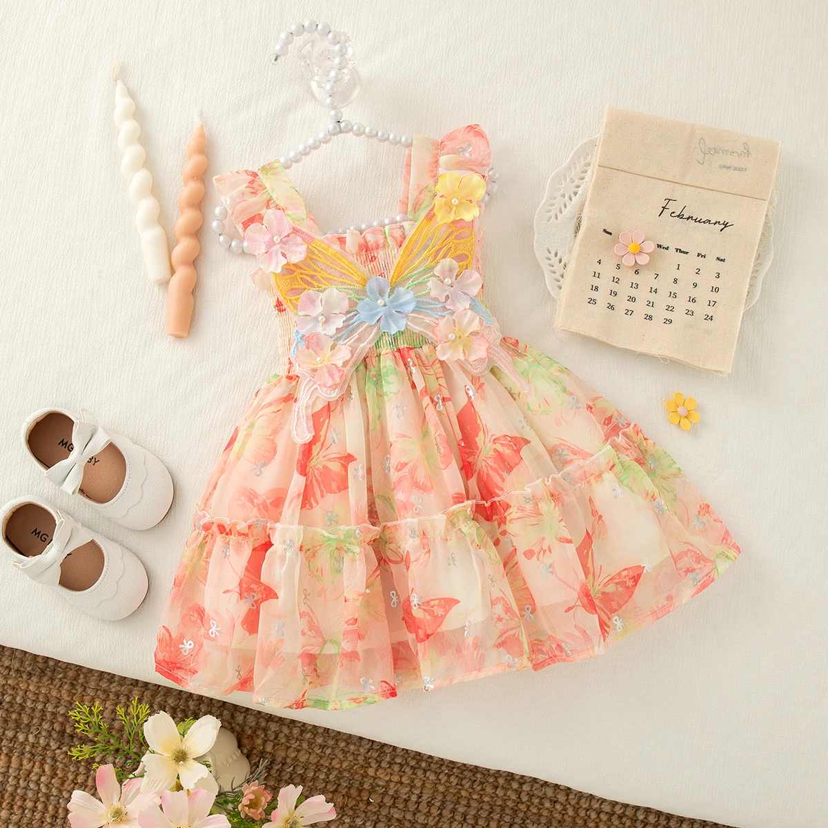 Princess Style Flower Butterfly Wing Baby Girl Dress, Summer New Children'S Sleeveless Clothes For Vacation Parties (0 -4 Years)