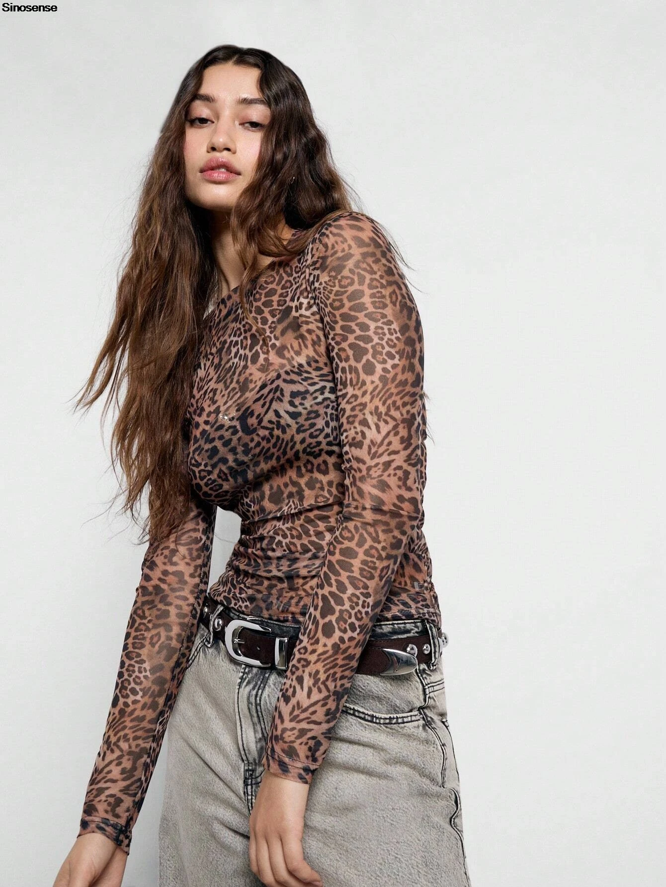 

Women Long Sleeve Mesh Tops Fashion Clothing Sexy Leopard Print Sheer Shirts Ruched Going Out Tops Fall Outfits Slim Fit Blouses