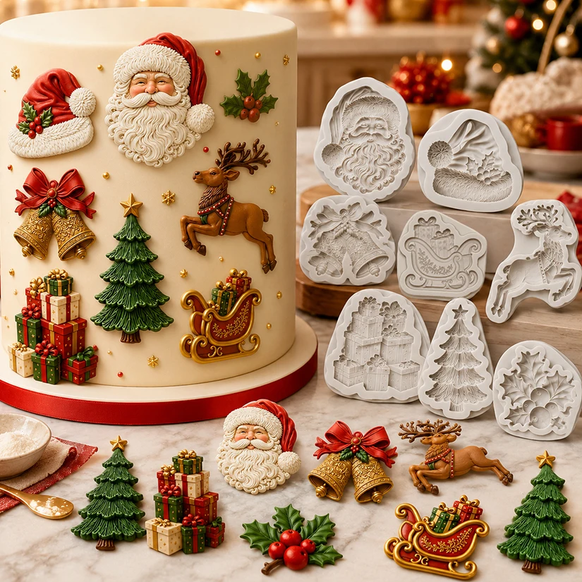 Santa Sleigh Christmas Tree Reindeer Jingle Bell Silicone Mold Sugarcraft Chocolate Cupcake Baking Fondant Cake Decorating Tools