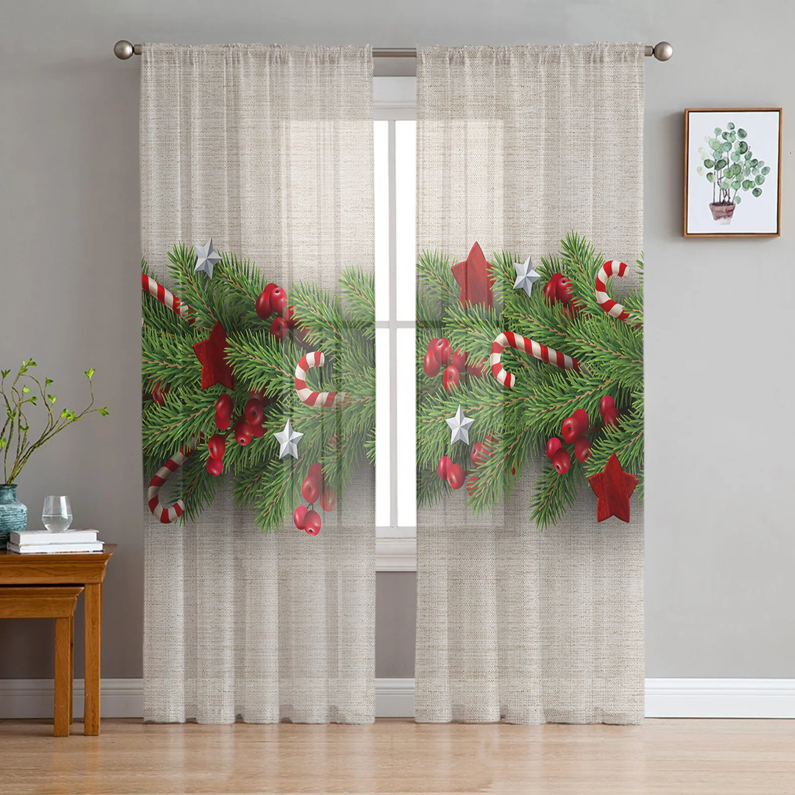 Christmas Tree Pine Needles Candy Bow Window Tulle Curtains for Living Room Kitchen Christmas Home Decor Sheer Voile Curtains