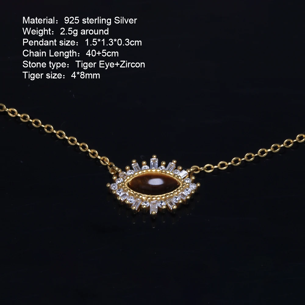 925 Sterling Silver Evil Eye Pendant Necklace with Tiger Eye Stone Women's Gilded Collar Chain Fine Jewelry