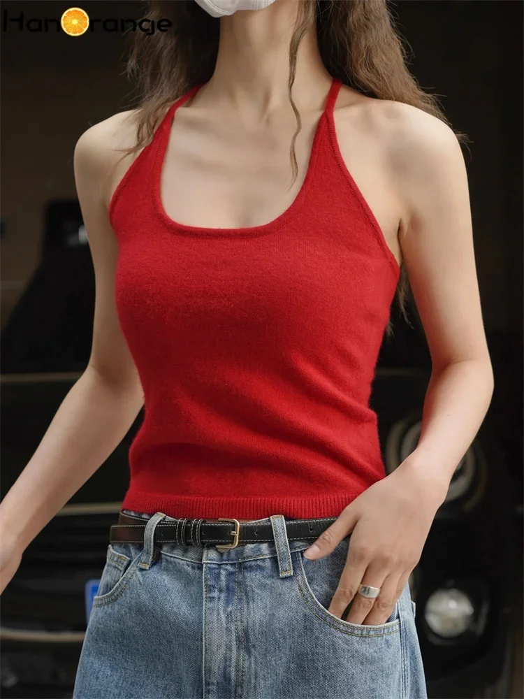 HanOrange 2025 夏セクシーなスパイシーガール高 Strecth ウールタンクトップ女性柔らかい肌に優しいスリムフィットトップグレー/レッド/ブラック