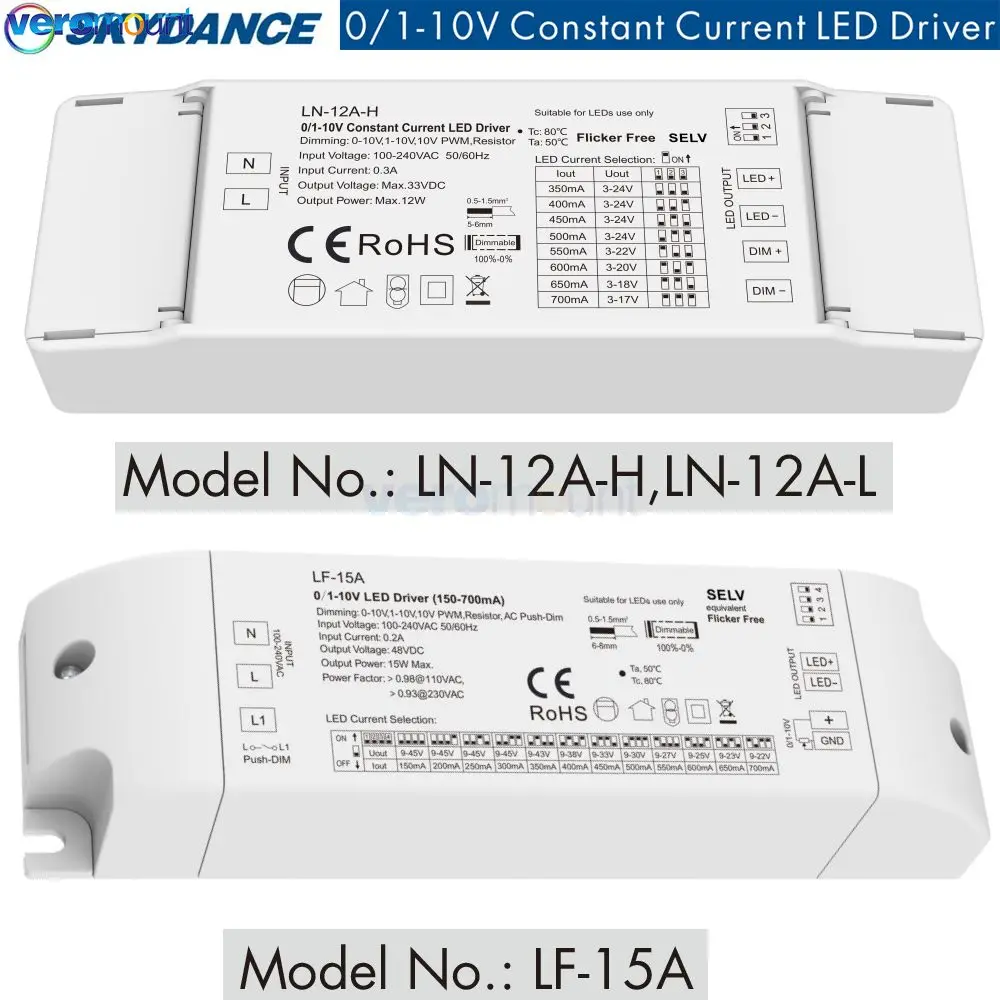 LN-12A-H 100-240VAC 12W 350-700mA 0-10V 1-10V 10V PWM Constant Current Dimmable Driver LN-12A-L 100-450mA LF-15A 15W 150-700mA